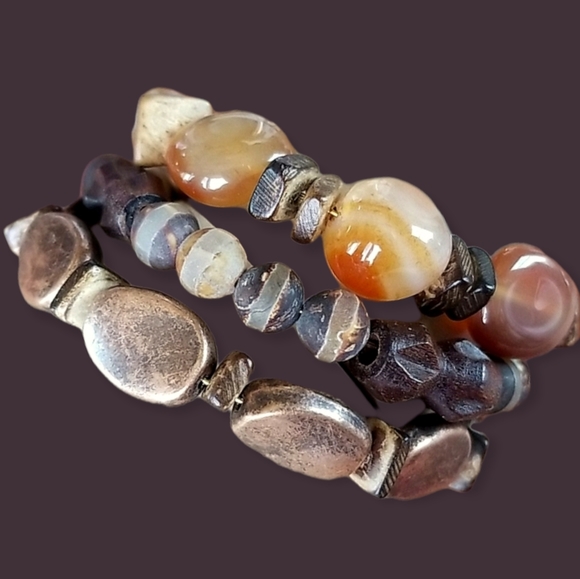 Hand Crafted Jewelry - Boho Tibetan Agate Wood Copper Beaded Wrap Bracelet Hand Crafted NWT